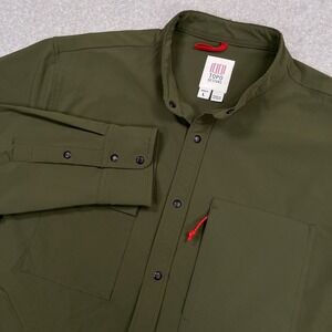 Topo Designs Tech Shirt Mens Large Green Snap Up Front Nylon Blend Gorpcore